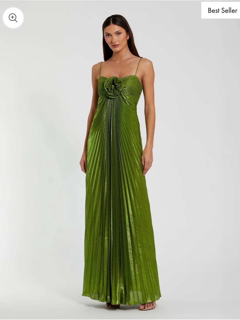 Mac Duggal Green Metallic Pleated Gown With 3d Flower